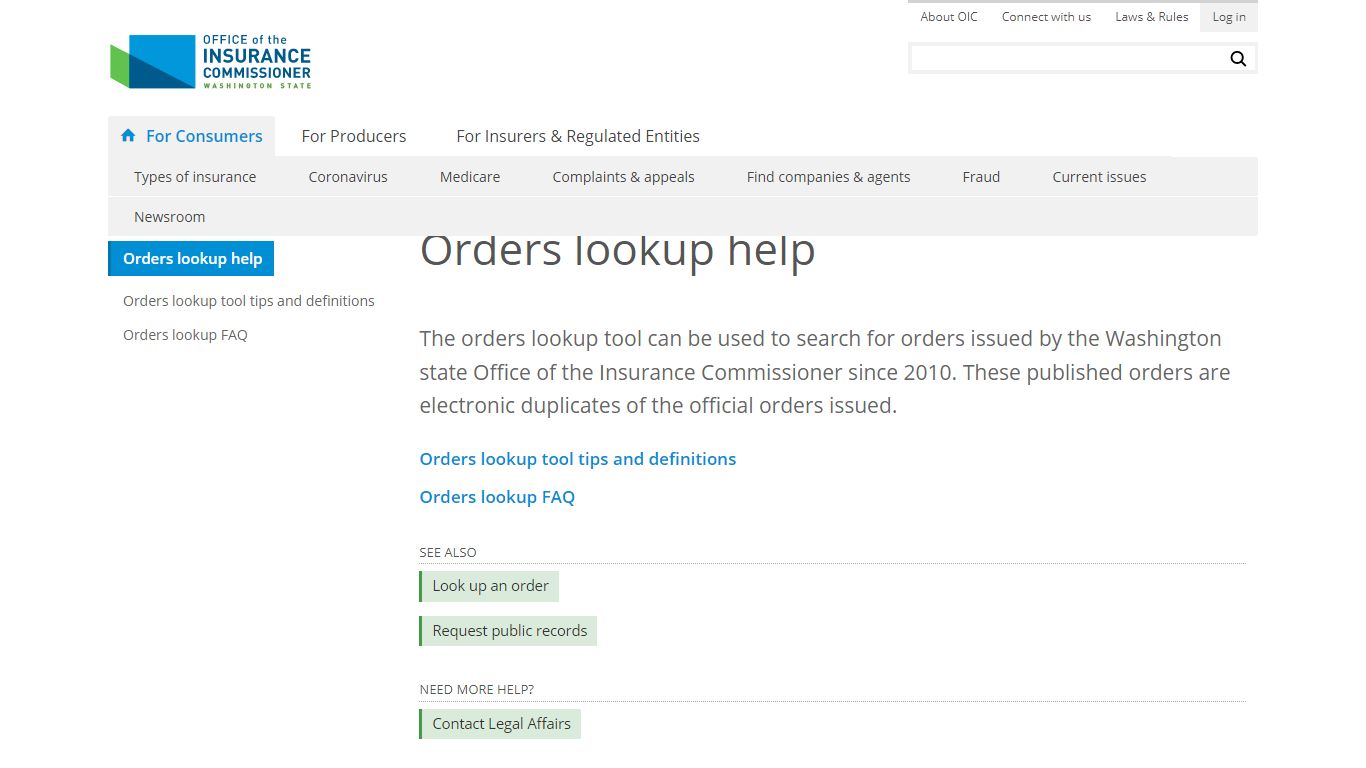 Orders lookup help | Washington state Office of the Insurance Commissioner